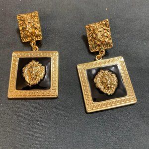 Black and Gold Post and Dangle Leo Lion Earrings